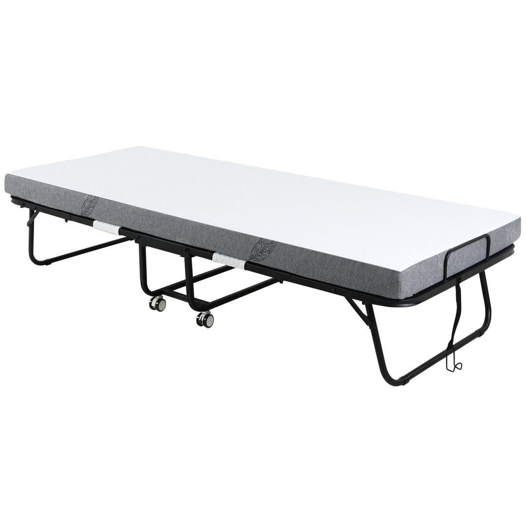 HOMCOM Folding Bed with 10cm Mattress, Portable Foldable Guest Bed with Sturdy Metal Frame on Wheels 