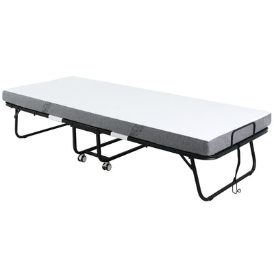 HOMCOM Folding Bed with 10cm Mattress, Portable Foldable Guest Bed with Sturdy Metal Frame on Wheels 