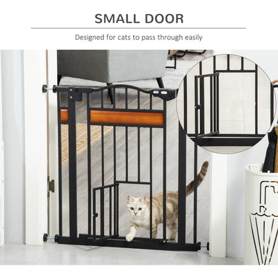 PawHut Pet Gate Safety Gate, with Cat Flap, Auto Close, for Staircases, Doorways, Hallways, 74-80cm Wide - Black 