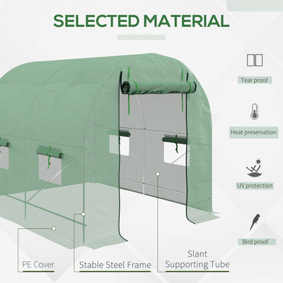 Outsunny Walk-In Garden Polytunnel Greenhouse with Steel Frame, PE Cover, Roll-Up Door and 4 Windows, 2.5 x 2m, Green 