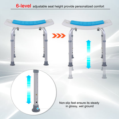 HOMCOM 6-Level Height Adjustable Aluminium Bath Room Stool Chair Shower Non-Slip Design w/ Padded Seat Drainage Holes Foot Pad, Blue 