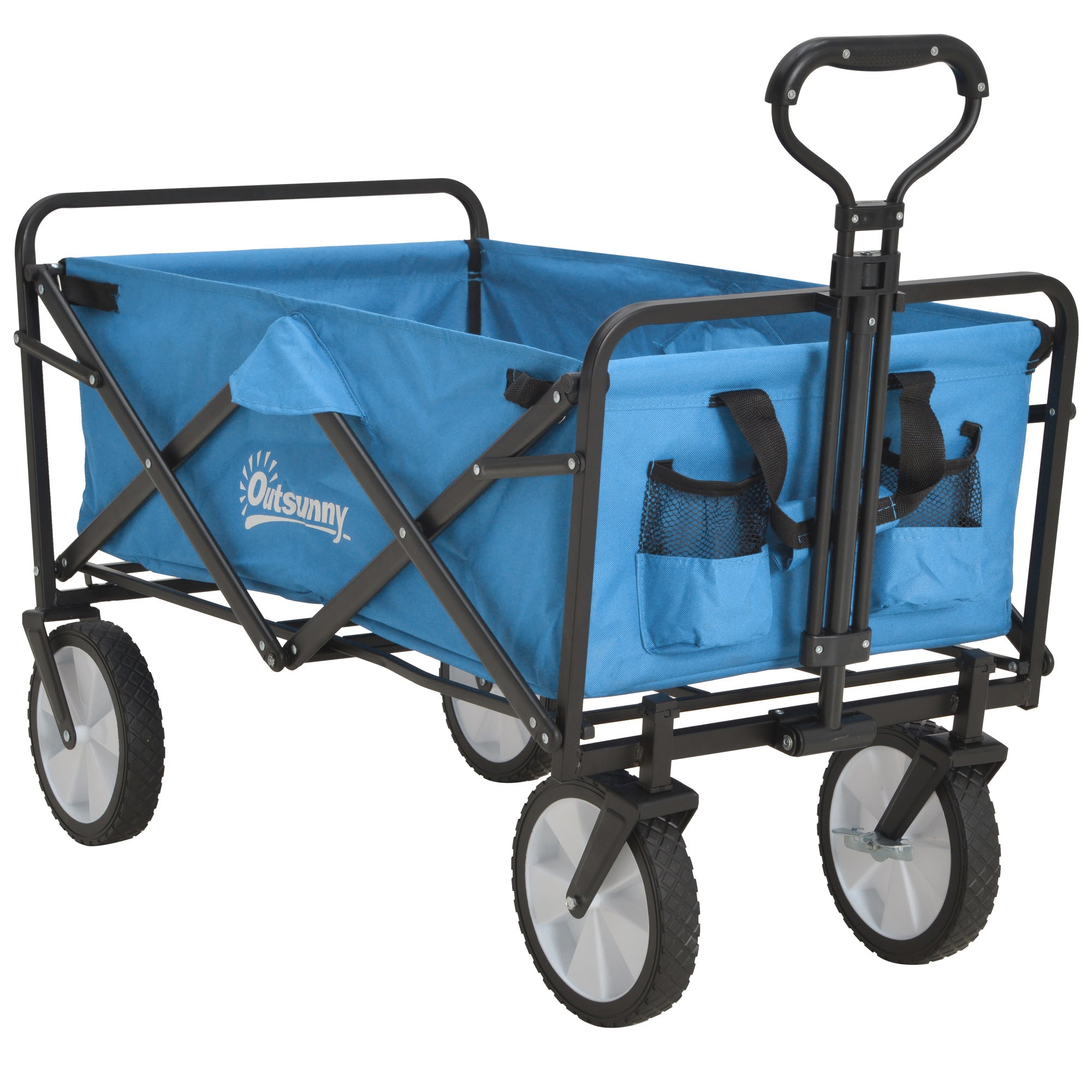 Outsunny 90L Folding Garden Trolley Cart Pull Along Wagon with Telescopic Handle for Beach Camping Festival - Blue 