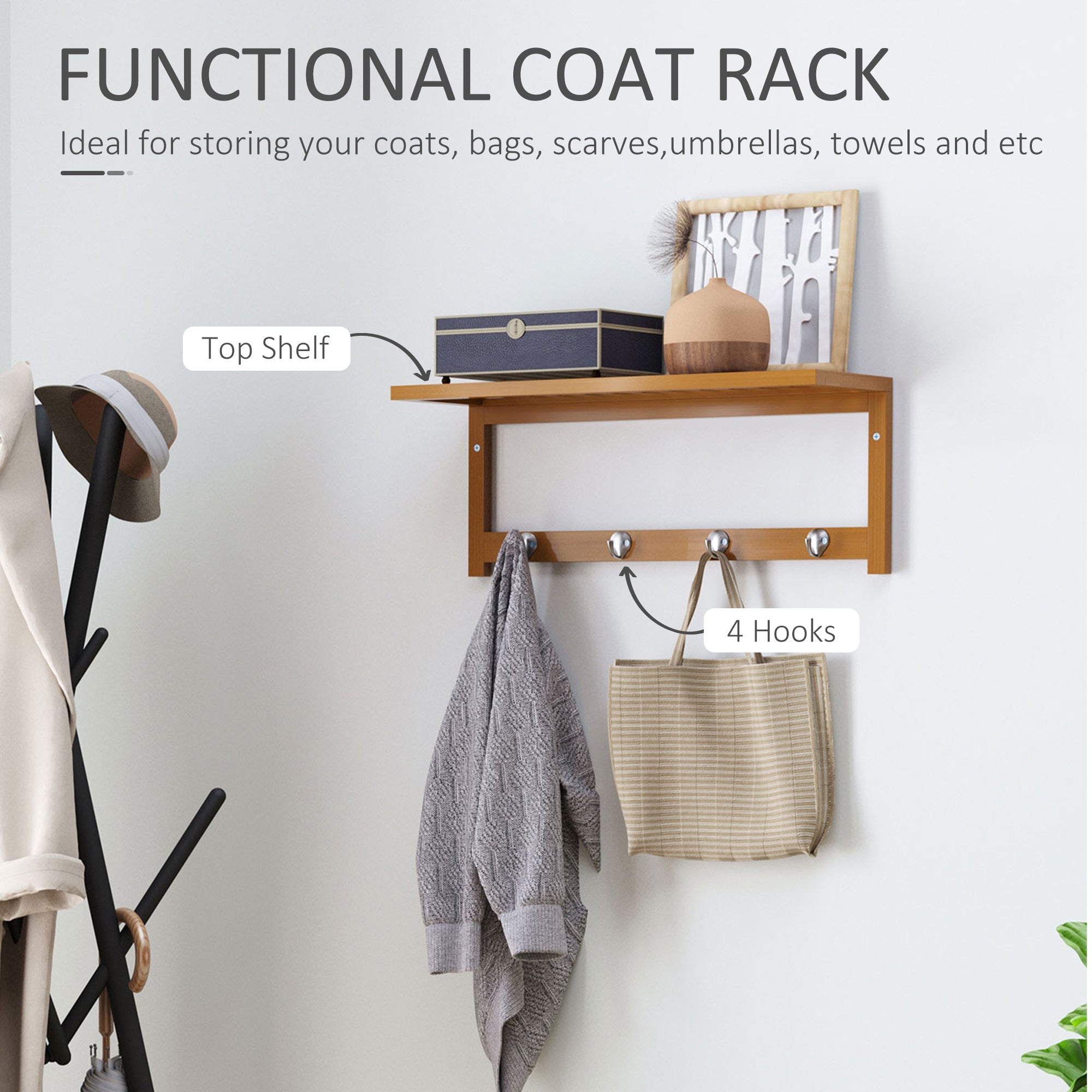 HOMCOM Wall Mounted Coat Clothes Hat Hanger 4 Hooks Rack Stand with Rail & Storage Shelf for Hallway Entryway Bedroom Bathroom 