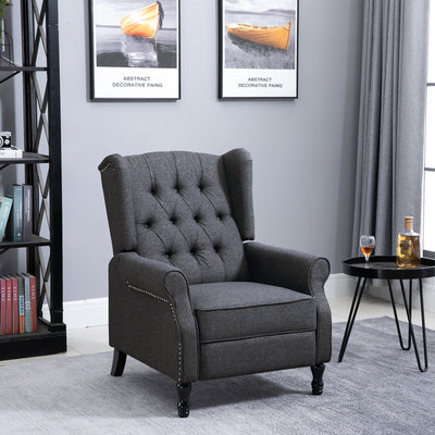 HOMCOM Recliner Armchair, Vintage Reclining Chair with Nail Head Trim, Wingback Chair with Button Tufted Back and Footrest, for Living Room, Dark Grey 