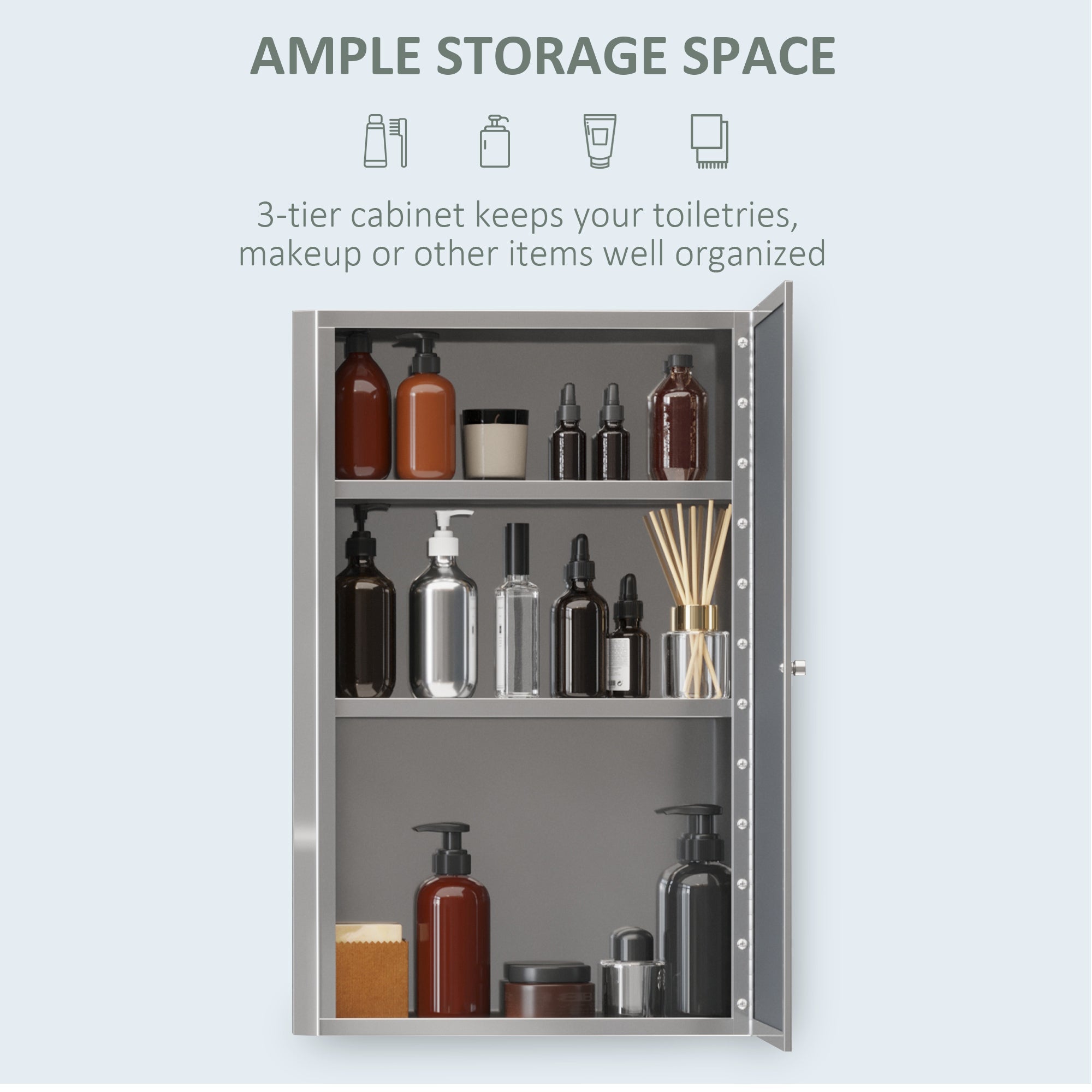 HOMCOM Stainless Steel Wall mounted Bathroom Mirror Cabinet 2 Shelves Storage Unit Furniture w/Single Door (60H x 40L x 13D (cm)) 