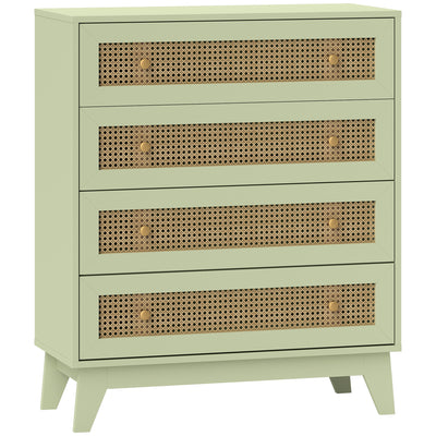HOMCOM Chest of Drawers, 4-Drawer Storage Organiser Unit with Rattan Element for Bedroom, Living Room, Light Green 