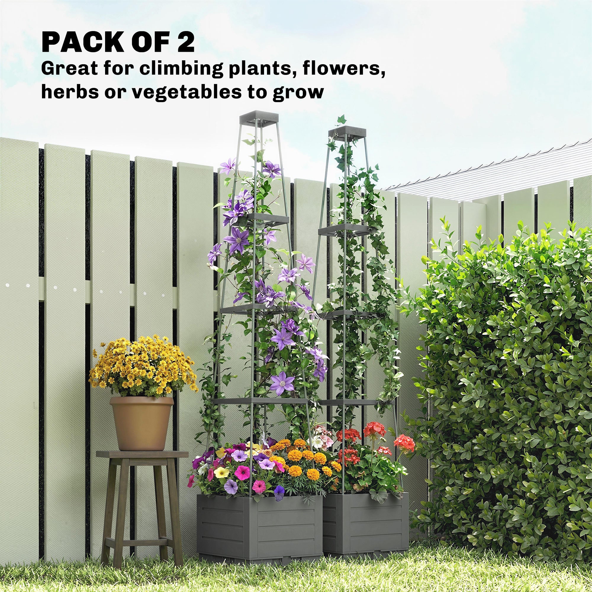Outsunny 2 Pack Raised Garden Bed with Trellis, Plastic Outdoor Planter Box with Removable Drainage Tray 