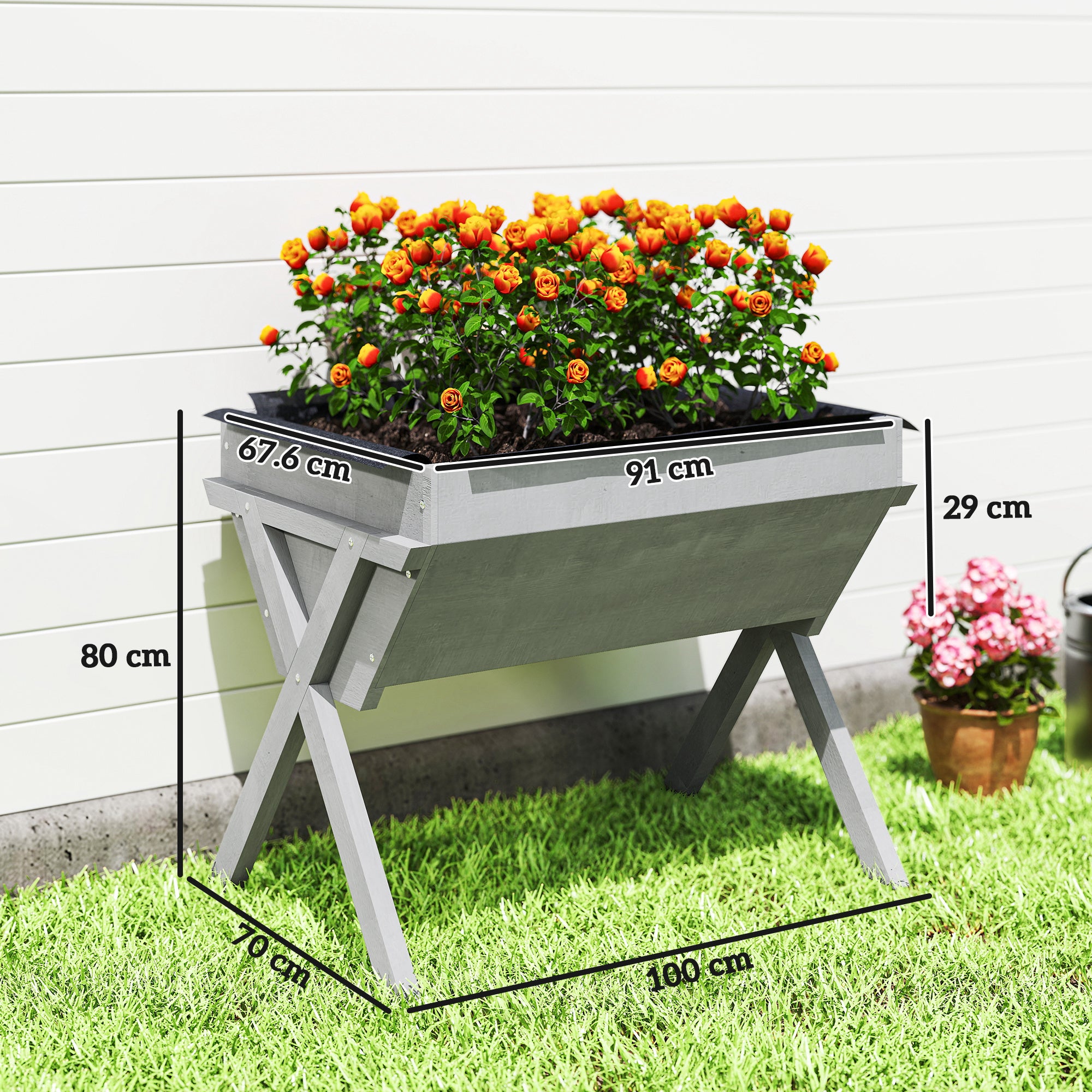 Outsunny Wooden Raised Garden Bed with Bed Liner, Elevated Planter Box with Legs, Light Grey 