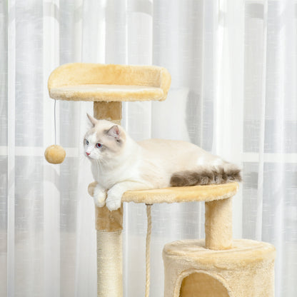 PawHut Cat Tree for Indoor Cats Pet Activity Centre Kitty Condo Climbing Scratching Post with Toys 4-tier 114cm Tall Beige 
