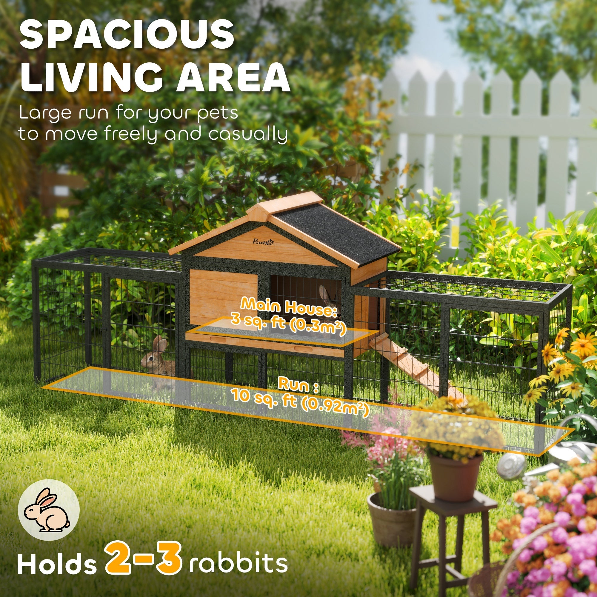 PawHut Wooden Rabbit Hutch Outdoor with Steel Run, Wooden Guinea Pig Cage with Removable Plastic Tray, Asphalt Roof, Ramp 