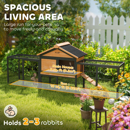 PawHut Wooden Rabbit Hutch Outdoor with Steel Run, Wooden Guinea Pig Cage with Removable Plastic Tray, Asphalt Roof, Ramp 