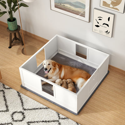 PawHut Whelping Box for Dogs with Whelping Pad, Adjustable Entrance, Non-slip Foot Pads, for Large Dogs, 124 x 120cm 