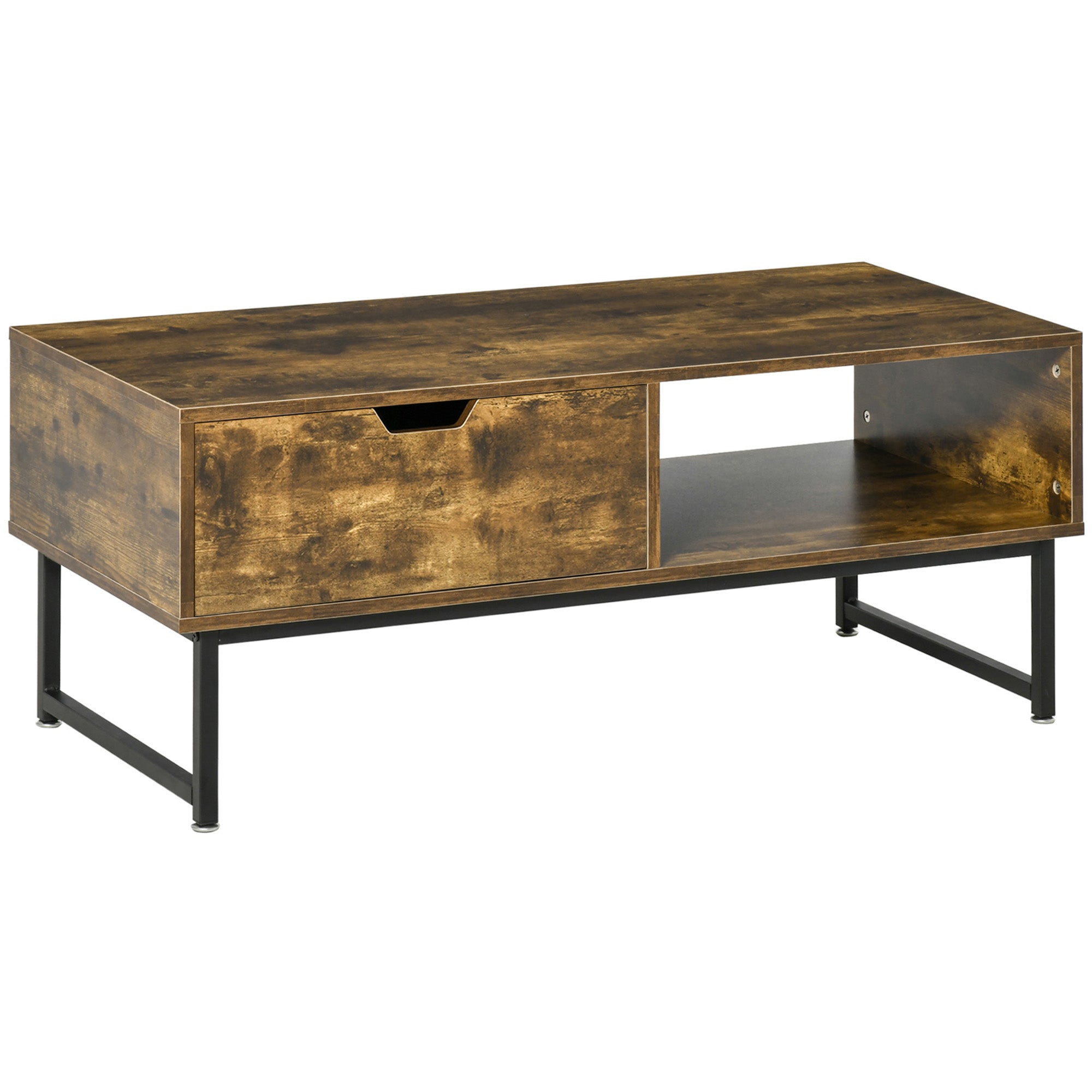 HOMCOM Industrial Coffee Table, Centre Table with Storage Shelf, Drawer and Metal Frame, Coffee Tables for Living Room, Office, 106W x 48D x 43H cm, Rustic Brown 