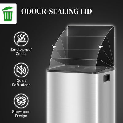 HOMCOM 60L Dual Compartment Stainless Steel Bin, with Deodoriser Holders - Silver Tone 