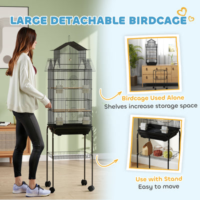 PawHut Metal Bird Cage with Plastic Swing, Perch, Food Container, Tray, Handle, for Finches, Canaries, Budgies, 43 x 32.5 x 163 