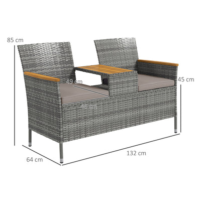 Outsunny Two-Seat Rattan Loveseat, with Wood-Top Middle Table - Grey 