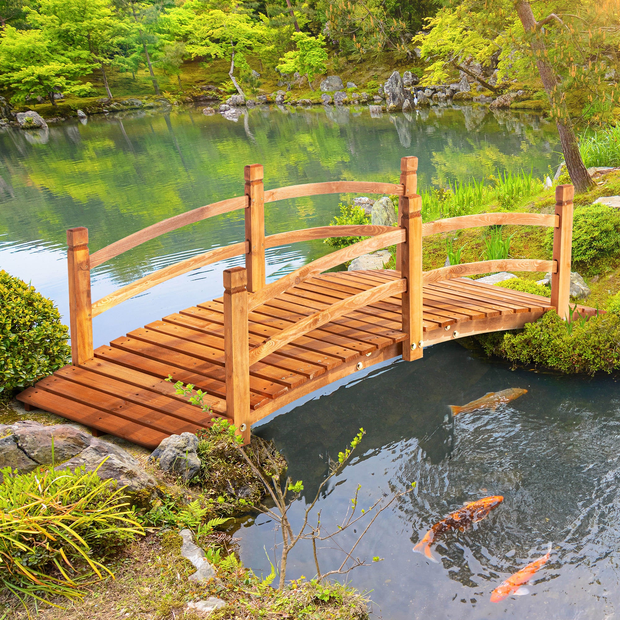 Outsunny 6FT Wooden Garden Bridge with Safety Railings, Classic Arc Footbridge for Stream Pond Walkway, Orange 