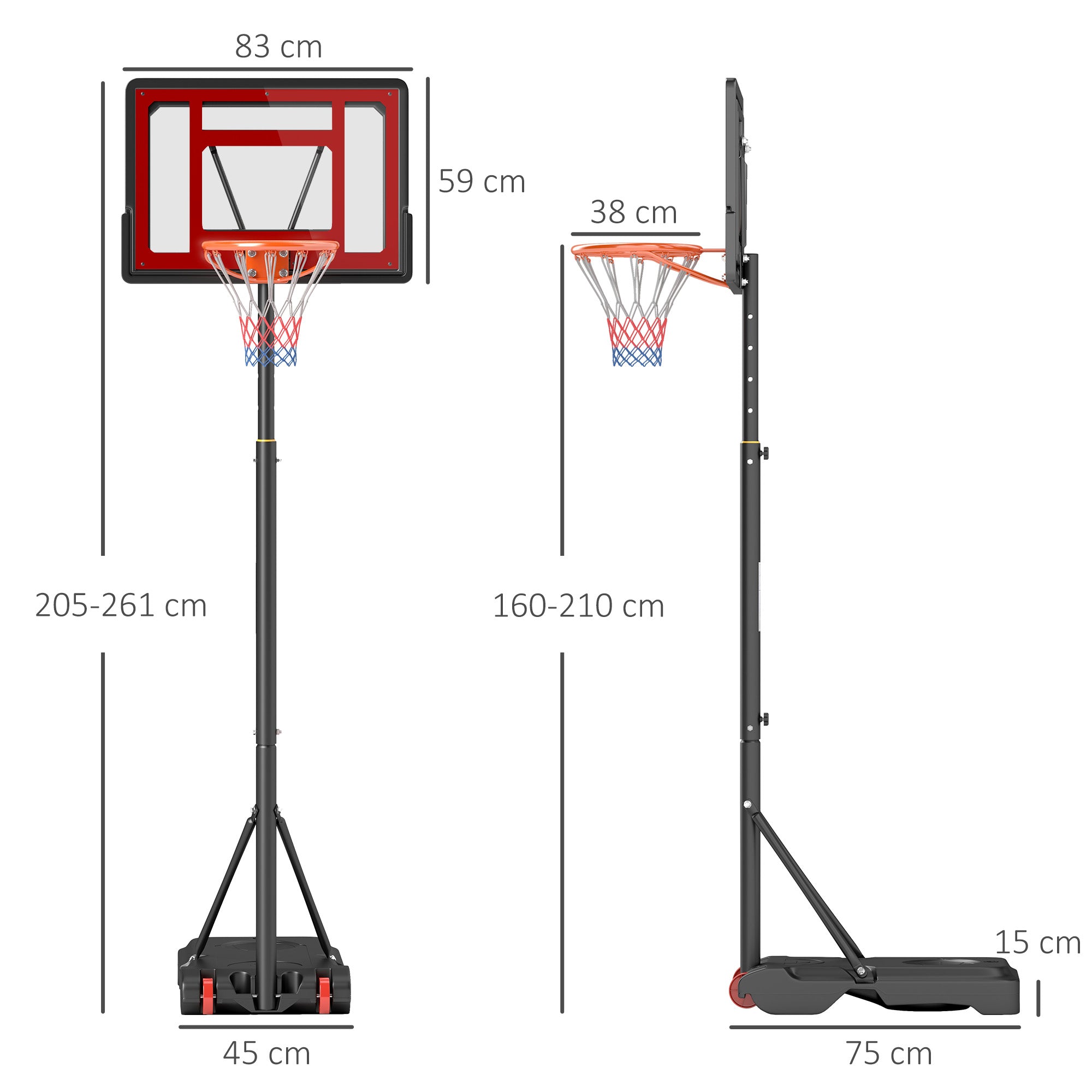 HOMCOM Portable Basketball Hoop Stand 160-210cm Adjustable Height Sturdy Rim Hoop w/ Large Wheels Stable Base & Net Free Standing 
