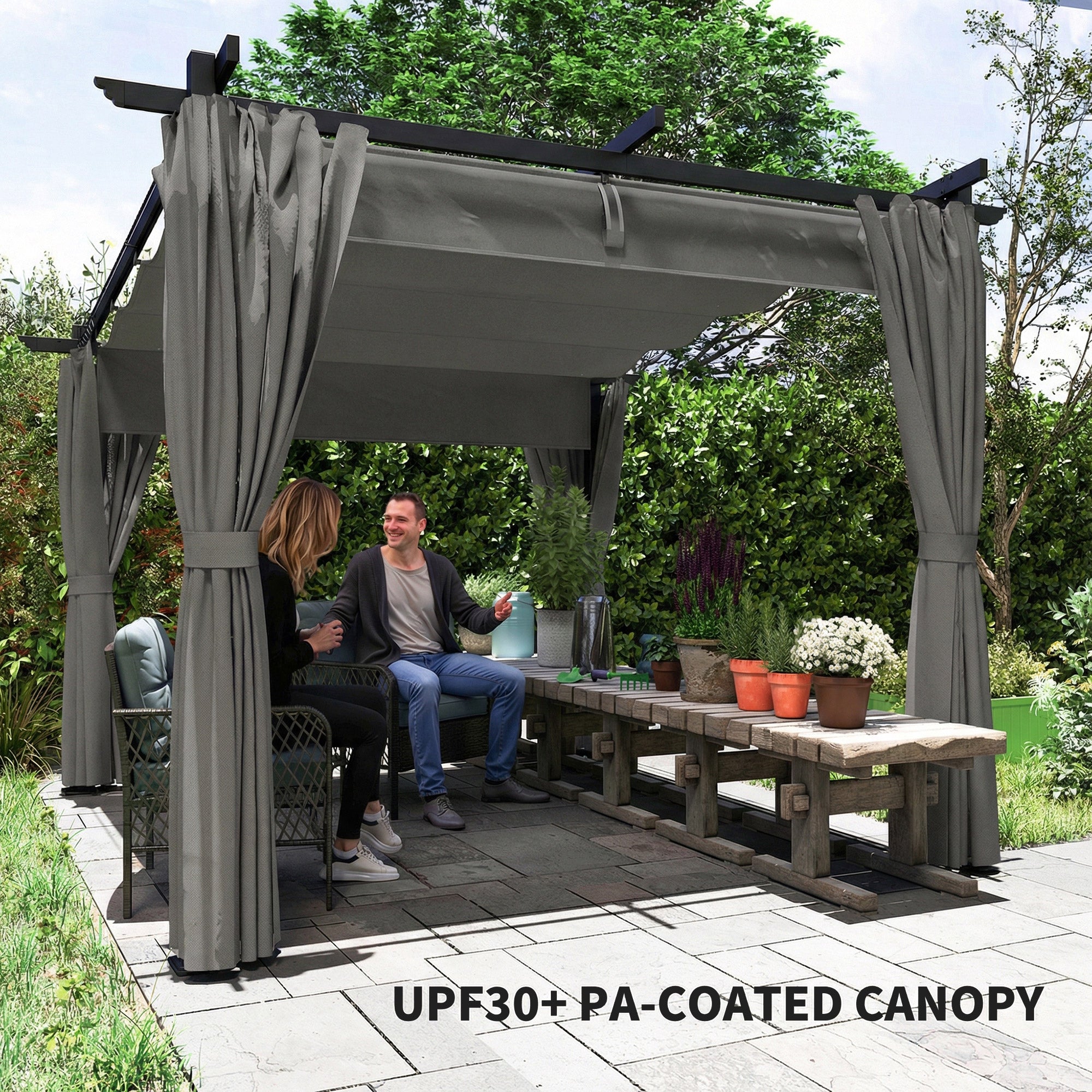 Outsunny 3 x 3 m Retractable Roof Pergola, with Curtains - Light Grey 