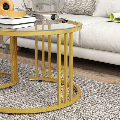 HOMCOM Round Coffee Tables Set of 2, Nesting Tables with Tempered Glass Top and Steel Frame, 60cmx60cmx47cm, Gold Tone 