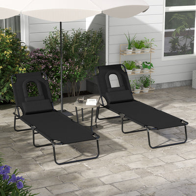 Outsunny Outdoor Foldable Sun Lounger Set of 2, 4 Level Adjustable Backrest Reclining Sun Lounger Chair with Pillow and Reading Hole, Black 