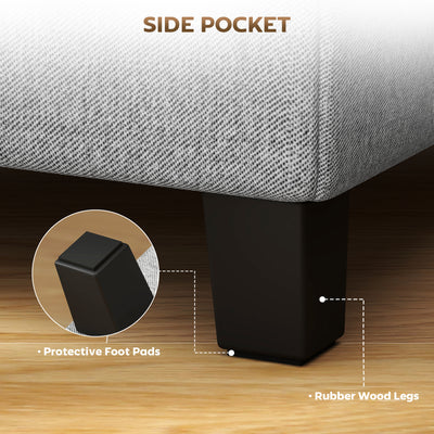HOMCOM Square Footstool, Small Ottoman with Side Pocket, Linen Fabric Footrest Foot Stool with Rubber Wood Legs and Padded Seat for Living Room, Bedroom, Entryway, 35 x 35 x 35cm, Light Grey 