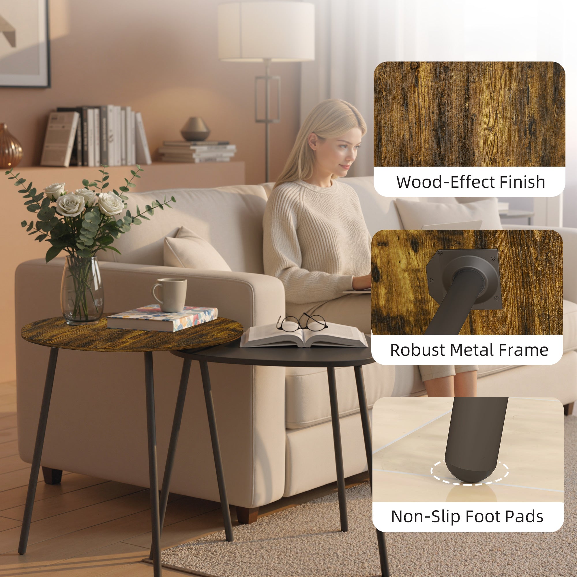 HOMCOM Nesting Side Table Set of 2 - Rustic Brown 