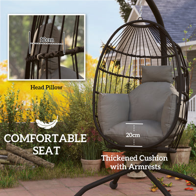 Outsunny Hanging Egg Chair Outdoor Indoor Garden Swing Chair with Folding Basket and Thickened Cushion, Garden Hanging Chair with Stand, Headrest, Cup Holder for Patio, Balcony, Dark Grey 