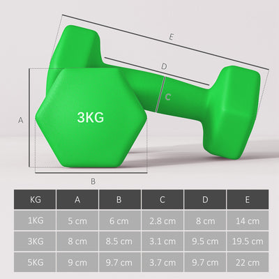 SPORTNOW Dumbbells Set with Carry Storage Rack, Set of 6 Weights for Home Gym Kettlebell Training Weight Lifting Exercise, 2 x 1kg, 2 x 3kg, 2 x 5kg 