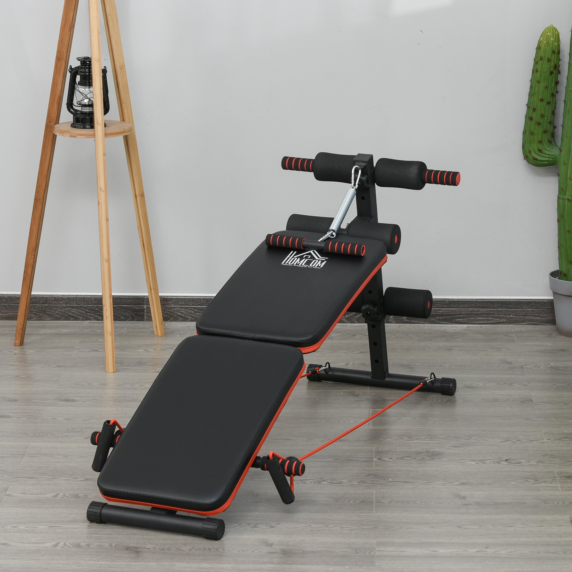 HOMCOM Sit Up Bench Core Workout Adjustable Thigh Support Foldable for Home Gym w/ Arm Pulling Rope Black 