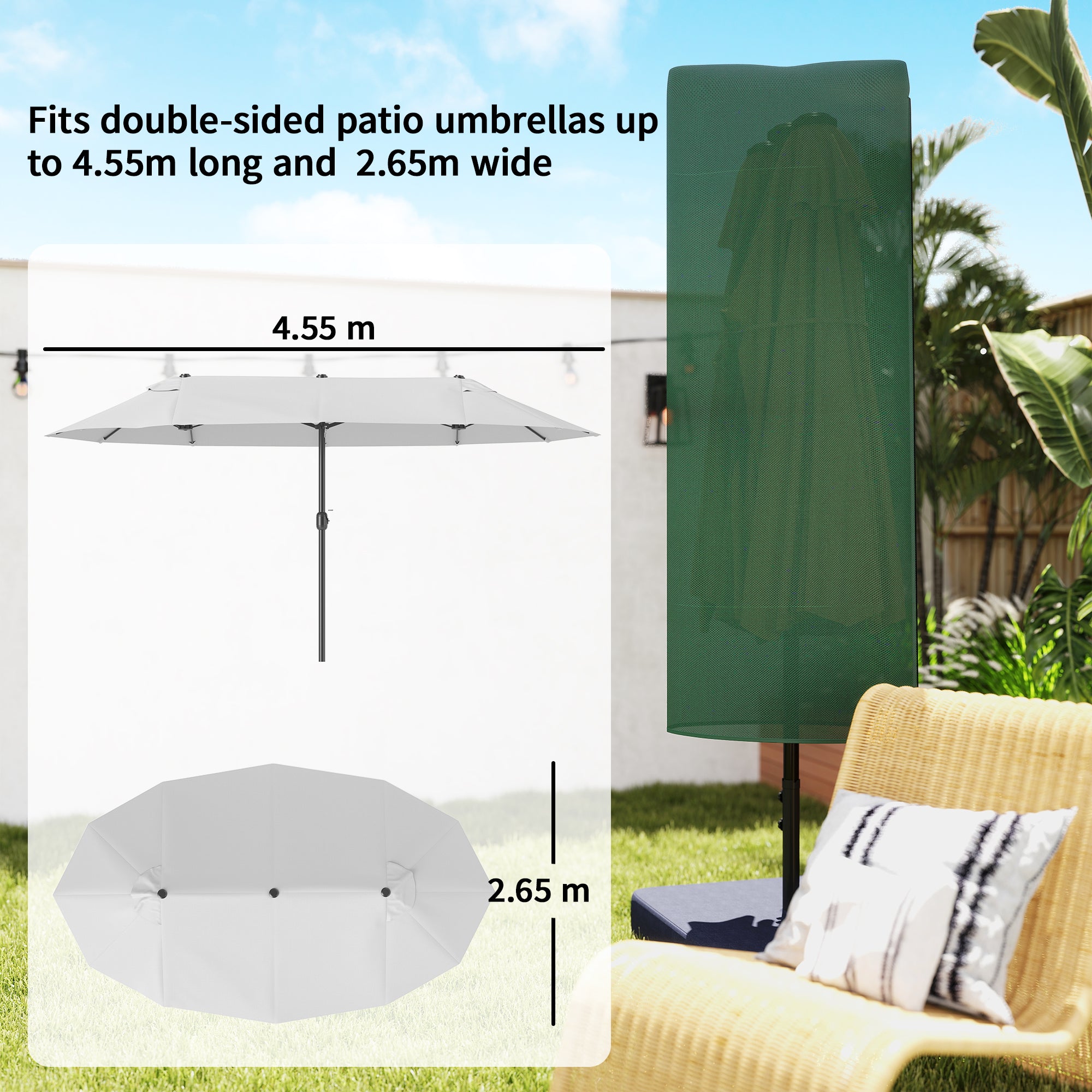 Outsunny Garden Parasol Cover, Outdoor Patio Umbrella Protector Weatherproof Garden Patio for 2-4.6m Parasol, Dark Green 