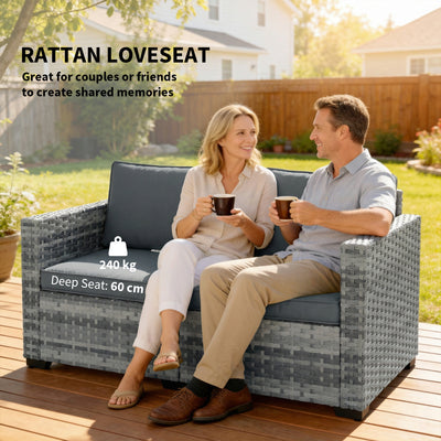 Outsunny 2 Seater Rattan Sofa, Outdoor Garden Sofa with Deep Seat, Cushions, Wide Armrests for Patio, Balcony, Porch, Mixed Grey 