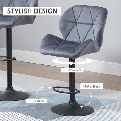 HOMCOM Adjustable Bar Stools Set of 2, Armless Upholstered Swivel Counter Chairs, Barstools with Back, Footrest, Dark Grey 