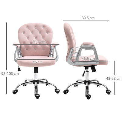 Vinsetto Office Chair, Swivel Desk Chair, Velvet Vanity Chair with Adjustable Height and Rolling Wheels for Home Work Study, Pink 