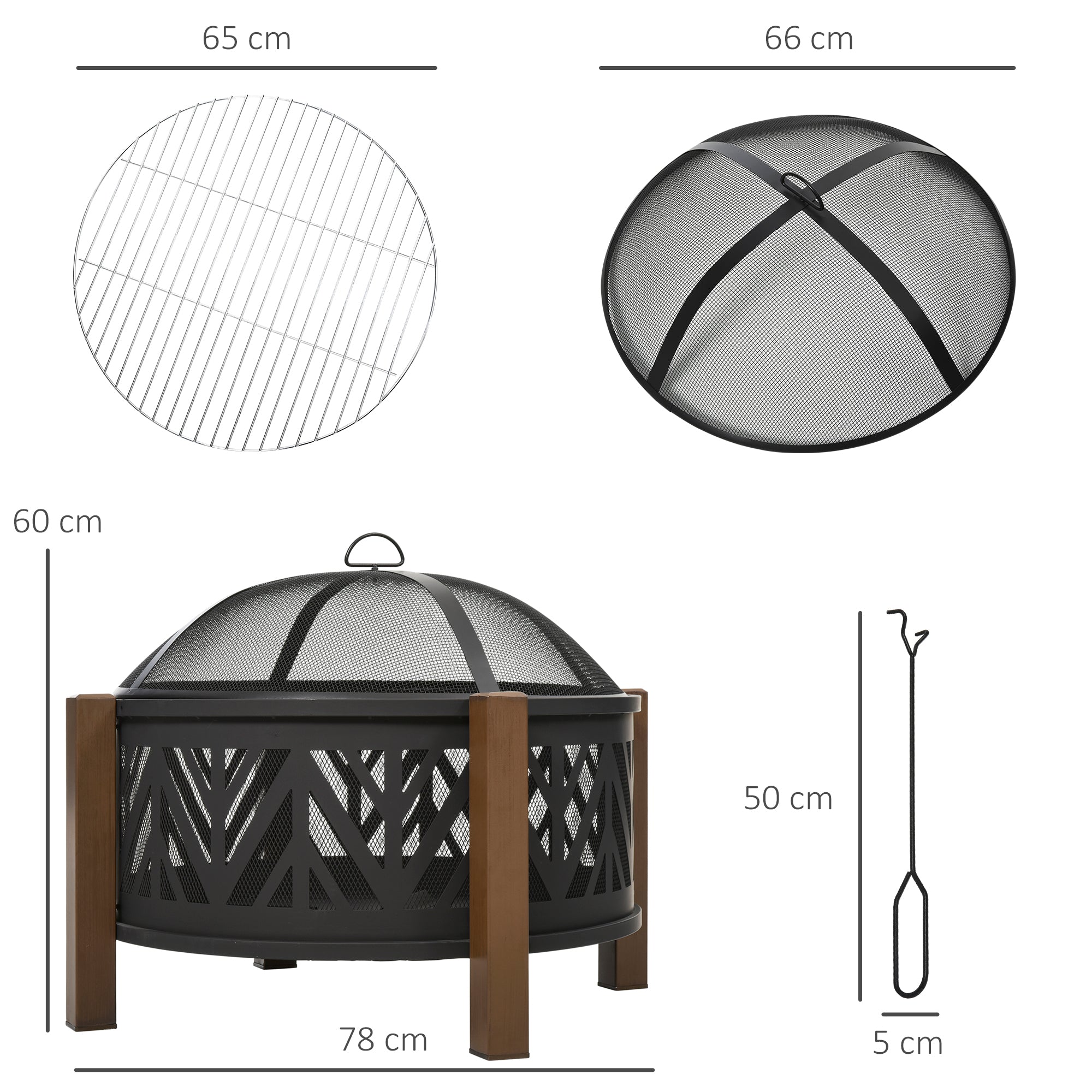 Outsunny Metal Large Firepit Bowl Outdoor 2-In-1 Round Fire Pit Brazier w/ Lid,  BBQ Grill, Poker for Backyard, Camping, Bonfire, Wood Burning Stove, 78 x 78 x 60cm, Black 