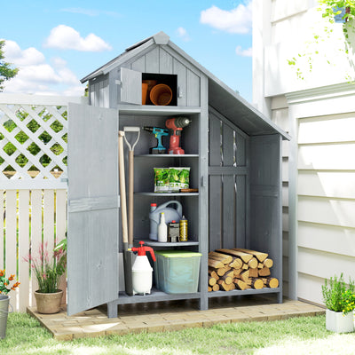 Outsunny Garden Outdoor Storage Shed 3 Shelves Tilt Roof w/ Firewood Rack Log Carrier, 129L x 51.5W x 180H cm 