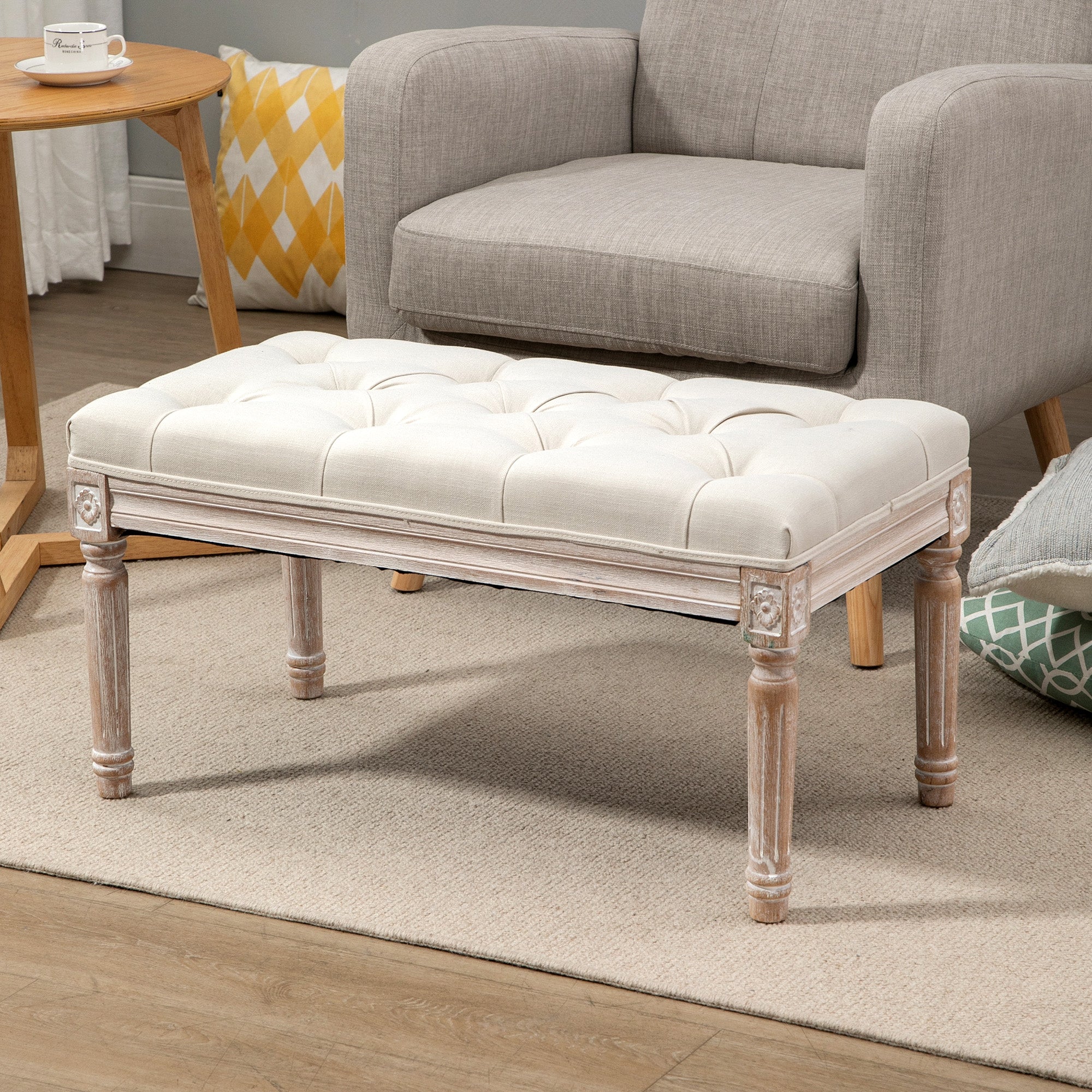 HOMCOM 80cm End of Bed Bench, Window Seat, Tufted Bench for Bedroom, Hallway, Living Room, Cream White 