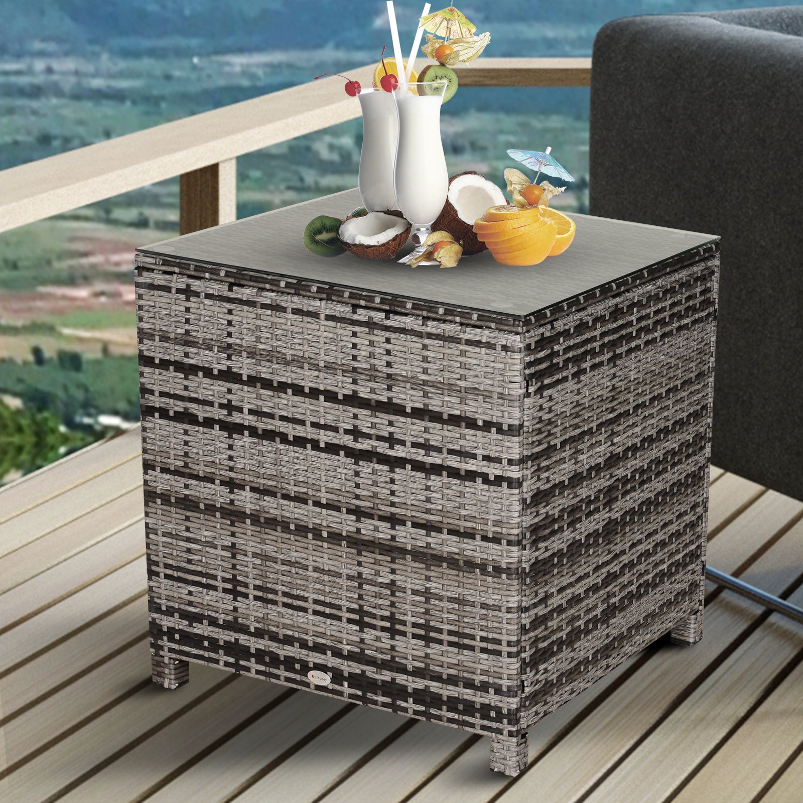 Outsunny Square PE Rattan Garden Table, with Glass Table Top - Grey 