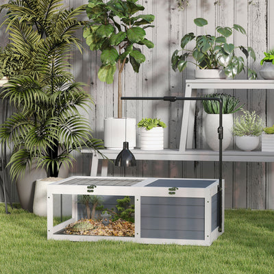 PawHut Tortoise Table with Adjustable Lamp Holder, Wooden Tortoise House w/ Openable Lids, Pull-Out Trays - Grey 