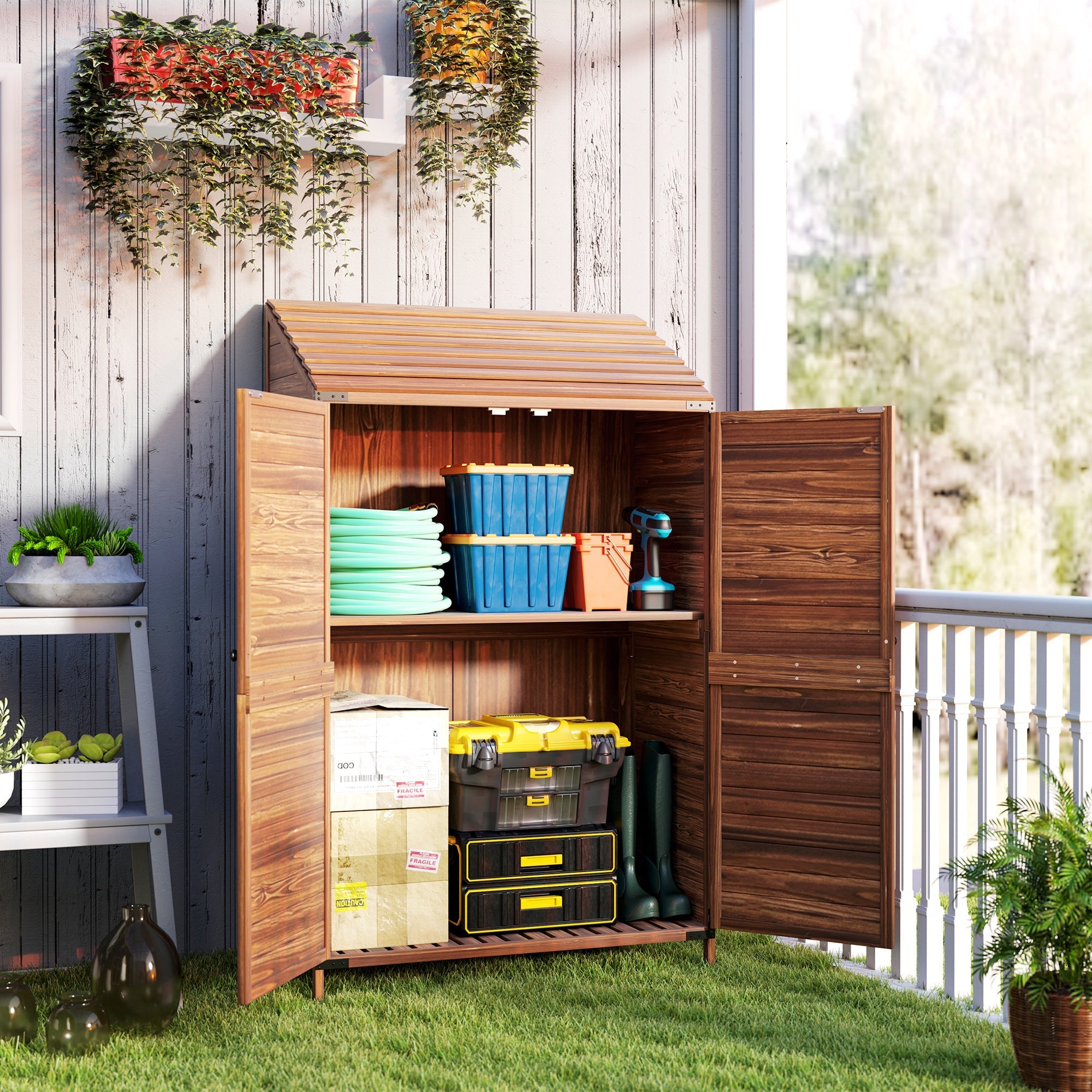 Outsunny 59 x 103.5 cm Two-Tier Wooden Garden Shed - Brown 