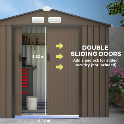 Outsunny 7 x 4ft Metal Garden Shed, Outdoor Storage Tool House with Ventilation Slots, Foundation Kit and Lockable Double Doors, Brown 