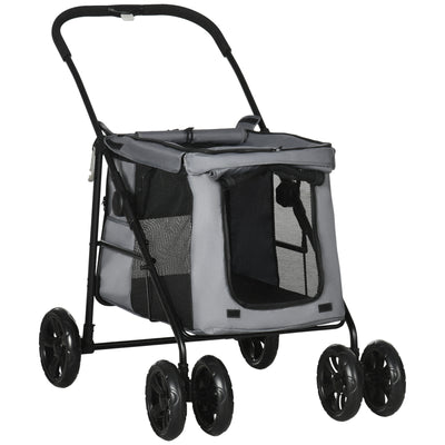 PawHut Dog Pram Dog Stroller 4 Wheels Pet Pushchair with Rolling Door, Cushion, Safety Leashes, for Small and Medium Dogs, Grey 