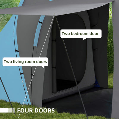 Outsunny Large Camping Tent Tunnel Tent with 2 Bedroom and Living Area, 2000mm Waterproof, Portable with Bag for 4-6 Man, Blue 