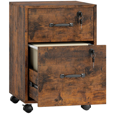 HOMCOM Rolling File Cabinet with 2 Drawers, Mobile Filing Cabinet with Hanging File Folder for Letter Sized Documents, Rustic Brown 