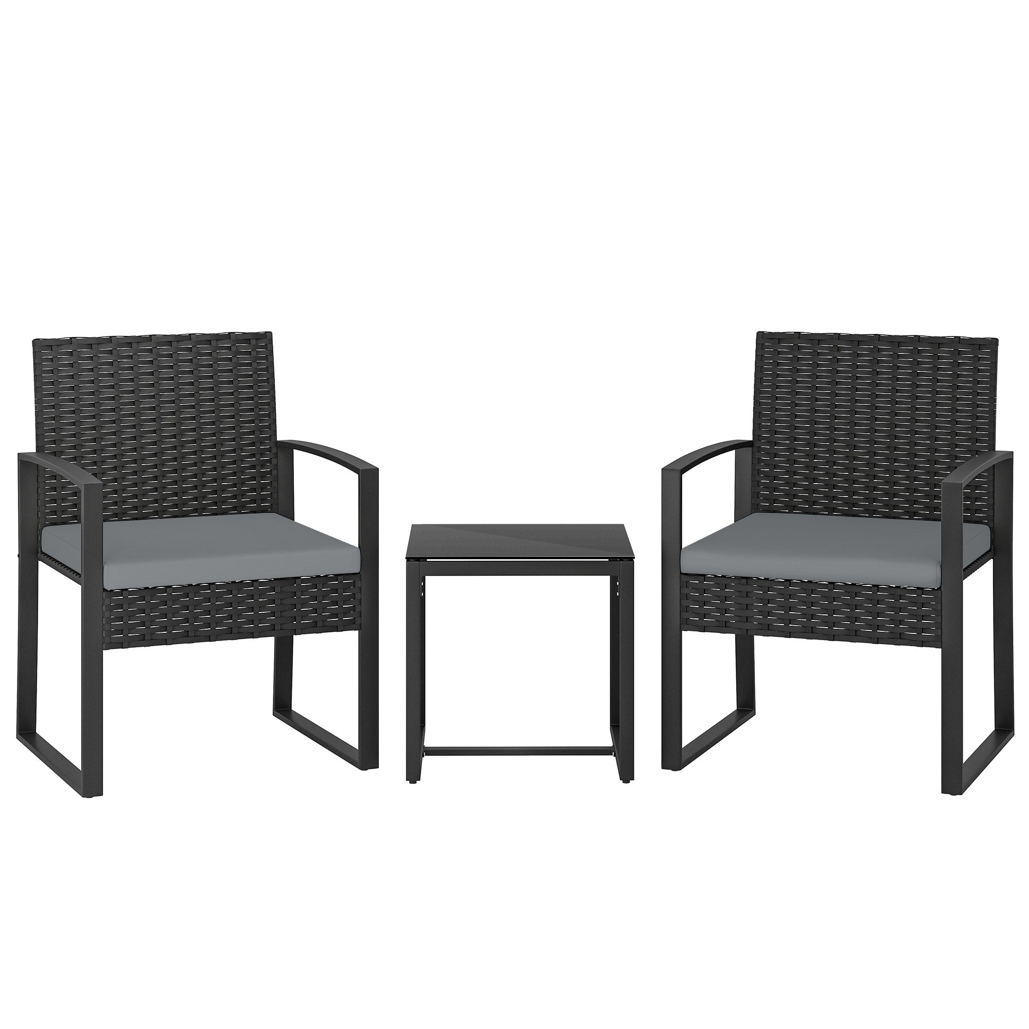 Outsunny Rattan Bistro Set, 3 Piece Garden Furniture Set with Glass Top Table and Cushions, Light Grey 