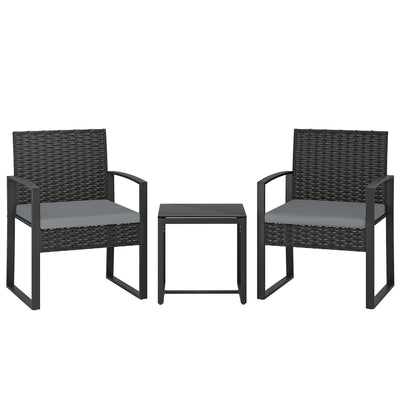 Outsunny Rattan Bistro Set, 3 Piece Garden Furniture Set with Glass Top Table and Cushions, Light Grey 