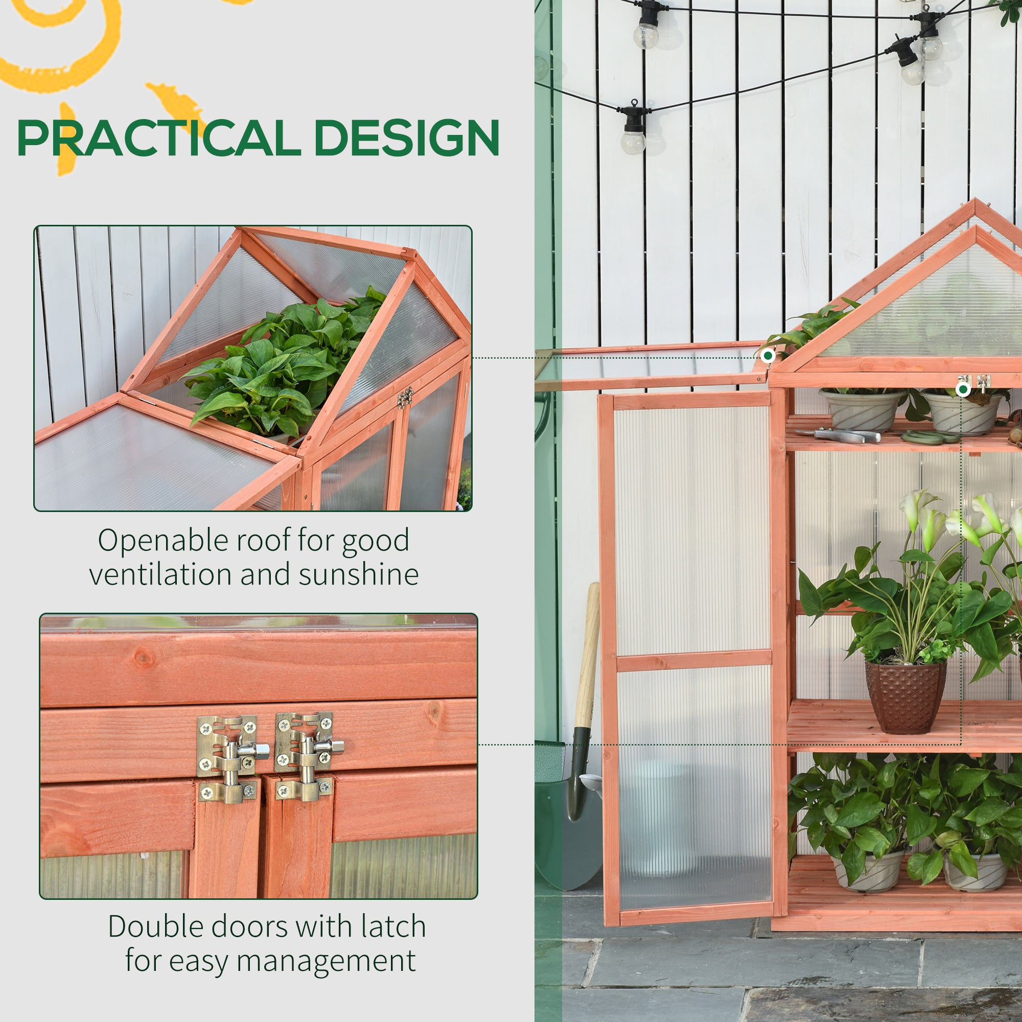 Outsunny Garden Cold Frame Polycarbonate Greenhouse with Adjustable Shelves, Double Doors, Openable Top Covers, Grow House for Flower Vegetable Plants, 80 x 47 x 138cm, Orange 