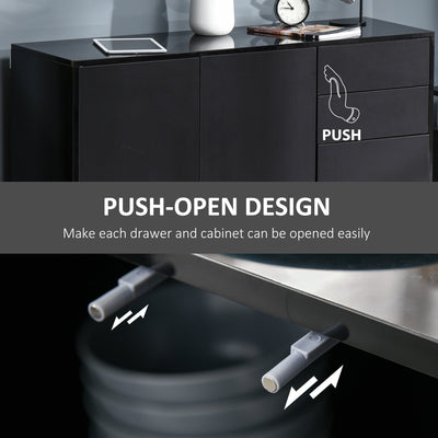 HOMCOM High Gloss Side Cabinet, Push-Open Design with 2 Drawers and 2 Cabinets for Living Room, 74H x 117W x 36Dcm, Black 