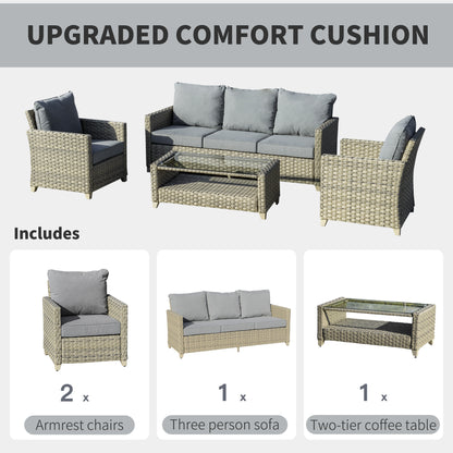 Outsunny 4 Pieces Patio Wicker Sofa Set, Outdoor PE Rattan Sectional Conversation Aluminium Frame Furniture Set w/ Padded Cushion & 2-Tier Tea Table, Brown 