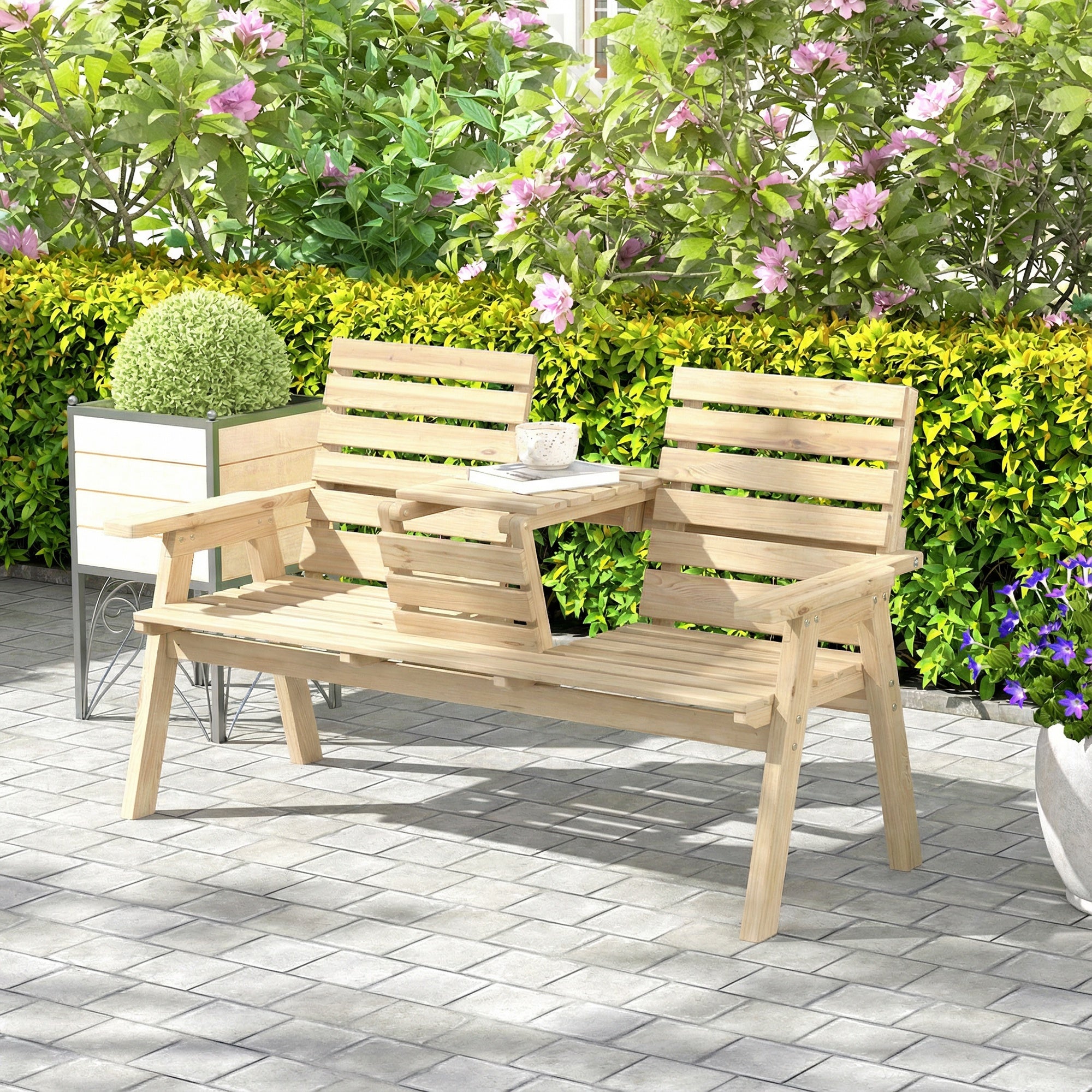 Outsunny Fir Wood Convertible 2 to 3 Seater Outdoor Garden Bench, Natural Wood Finish 